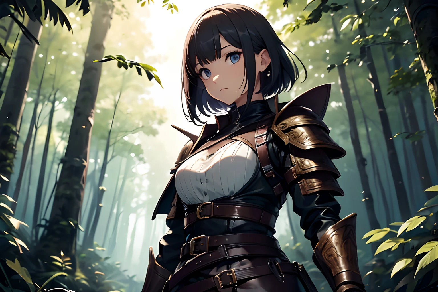 ((Extremely detailed)),, (8K), Best Quality, (Beautiful),((masutepiece)), ((Best Quality)), beautiful a girl,a short bob、Assassin、(((leather armor:1.5、Clothes above and below in thick cotton fabric:1.1)))、Dagger on the waist、Dangerous forest、Walking in the bushes by hand、Walk through the forest without paths、In the deep forest、Dim lighting 1.5、blurry backround:1.5