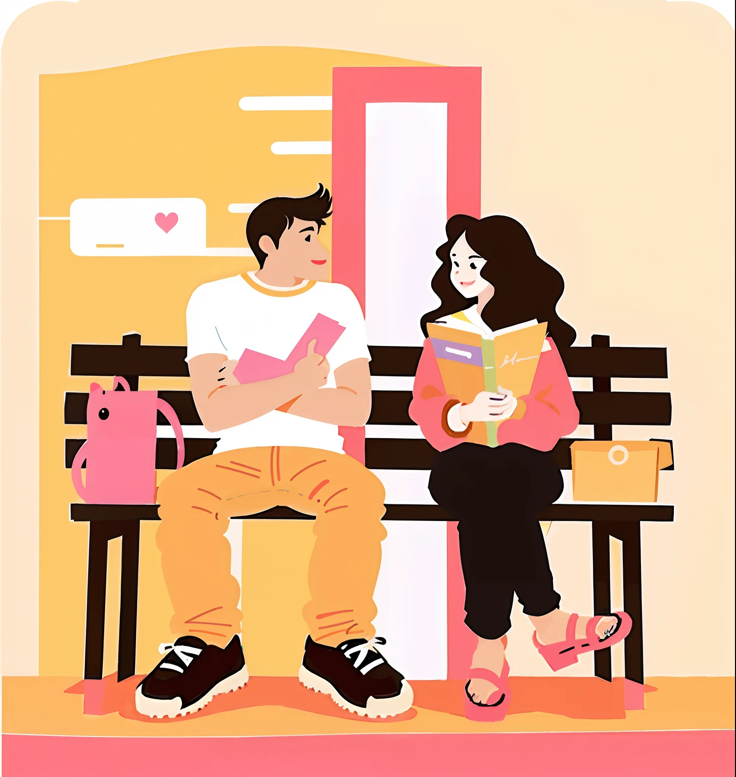 There was a man and a woman sitting on a bench reading a book, Flat illustration, Simple and clean illustration, Cartoon style illustration, exciting illustration, funny illustration, Simple illustration, illustration detailed, Higher detailed illustration, Detailed 2D illustration, reading the book about love, Cartoon illustration, accurate illustration, colorful illustrations, full page illustration, Sit on a bench, full-colour illustration,without background;