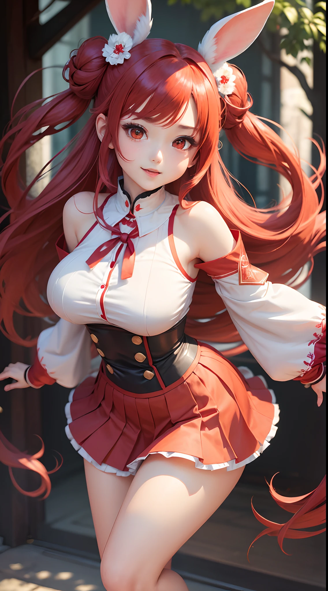 ((Masterpiece, Best quality)), 1 girl Megiri Ameto, Red eyes, Red hair, Long hair, double bun hair, Rabbit ears, Long sleeves, Bare shoulders, Detached sleeves, Pleated skirt, Red skirt, miko, rabbit hair ornament,vibrant, Spirited, cheerful big breasts, Lively, Positive, Energetic girl,