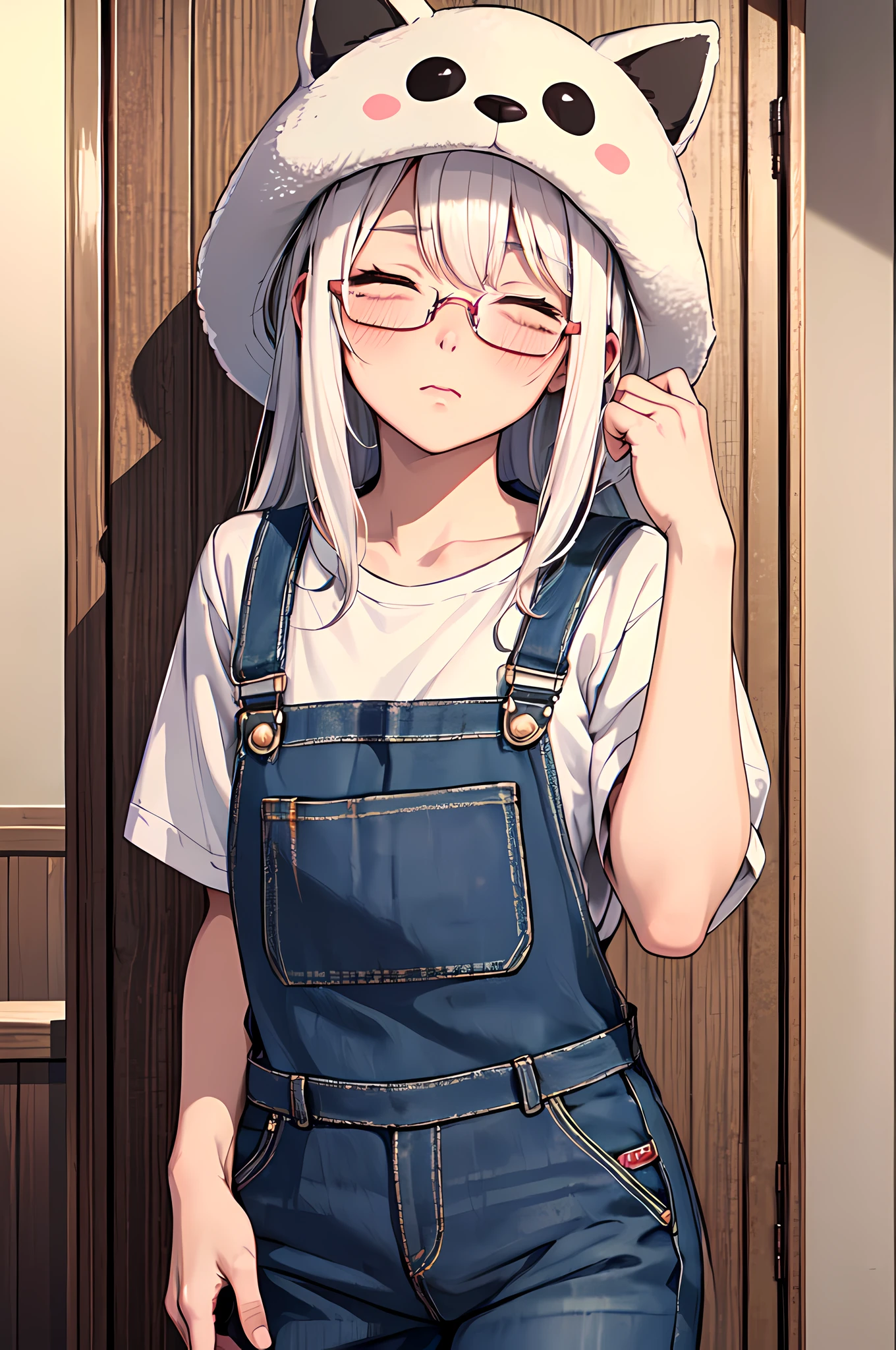 best quality,masterpiece,original,extremely detailed wallpaper,looking at viewer,1girl,solo,blush,close eyes,long hair,straight hair,white hair,blush, overalls,glasses, animal hat