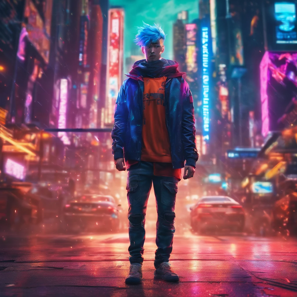 Handsome Japan boy, Blue hair, Sharp eyes, Clear facial features, wearing hoodies, battle posture, sniper, Holding a gun, Holographic Reality, Holographic Halo, Motion Blur, Game Light Effects,  head phone, edge light, Soft light, movie edge light, Delicate Light,   epic composition, Super HD, High quality, Highest Quality, 32K