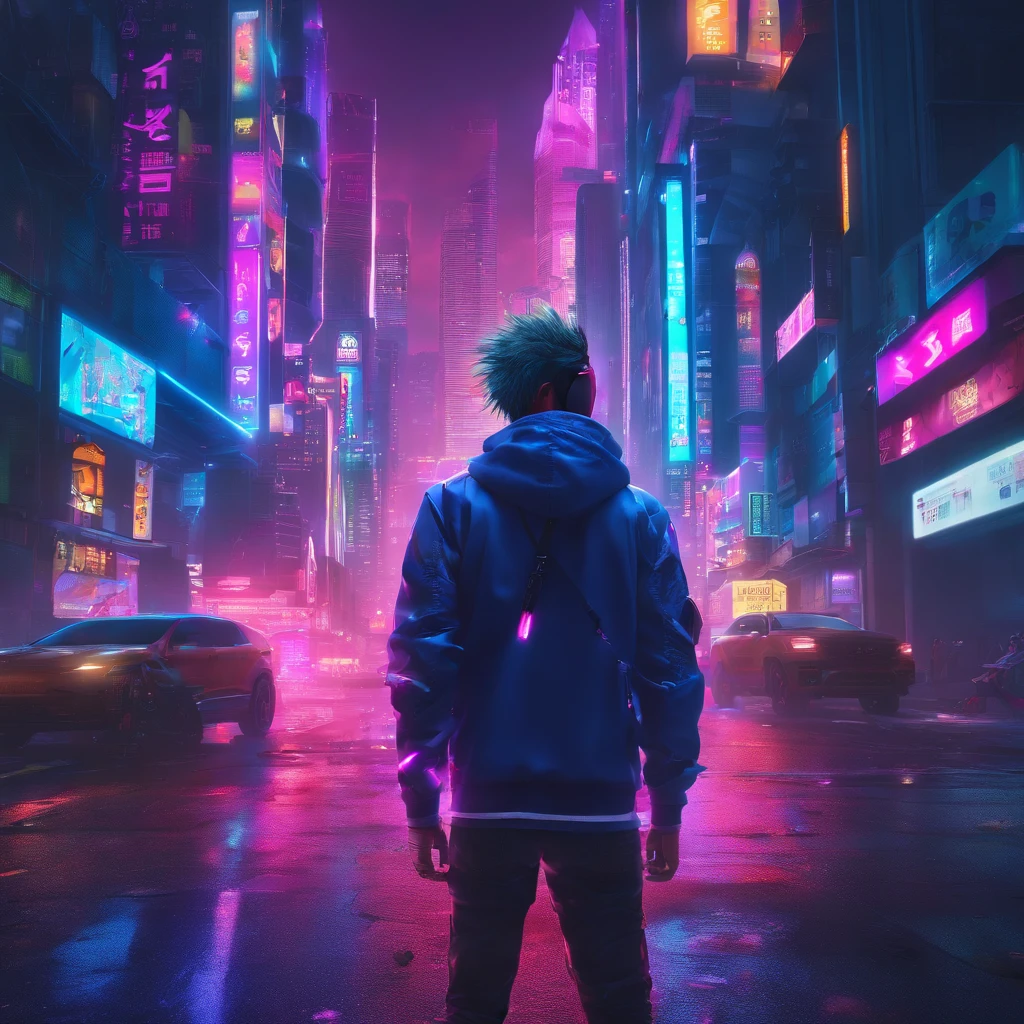 Handsome Japan boy, Blue hair, Sharp eyes, Clear facial features, wearing hoodies, battle posture, sniper, Holding a gun, Holographic Reality, Holographic Halo, Motion Blur, Game Light Effects,  head phone, edge light, Soft light, movie edge light, Delicate Light,   epic composition, Super HD, High quality, Highest Quality, 32K