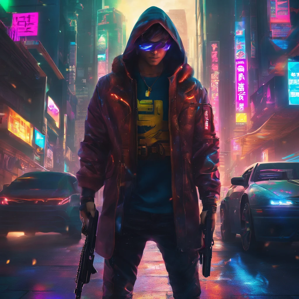 Handsome Japan boy, Blue hair, Sharp eyes, Clear facial features, wearing hoodies, battle posture, sniper, Holding a gun, Holographic Reality, Holographic Halo, Motion Blur, Game Light Effects,  head phone, edge light, Soft light, movie edge light, Delicate Light,   epic composition, Super HD, High quality, Highest Quality, 32K