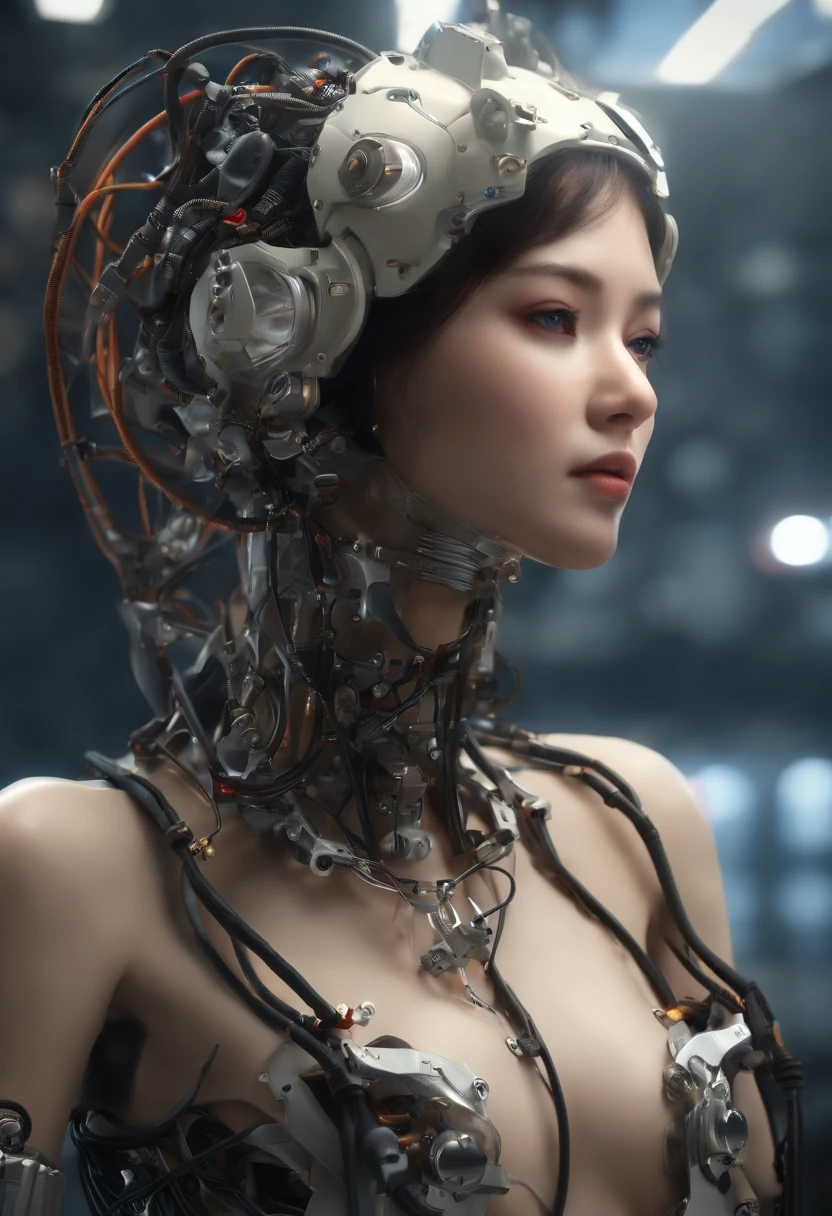 (((Masterpiece))), (((Best quality))), ((Ultra-detailed)), (Highly detailed CG illustration), ((An extremely delicate and beautiful)),(cute delicate face),Cinematic light,((1机械女孩)),Solo,full bodyesbian,(machine made joints:1.4),((Mechanical limb)),(blood vessels attached to the tube),((Mechanical vertebrae attached to the back)),((mechanical cervial attaching to neck)),((Sitting)),Expressionless,(wires and cables attached to head and body:1.5),(Character focus),Science fiction