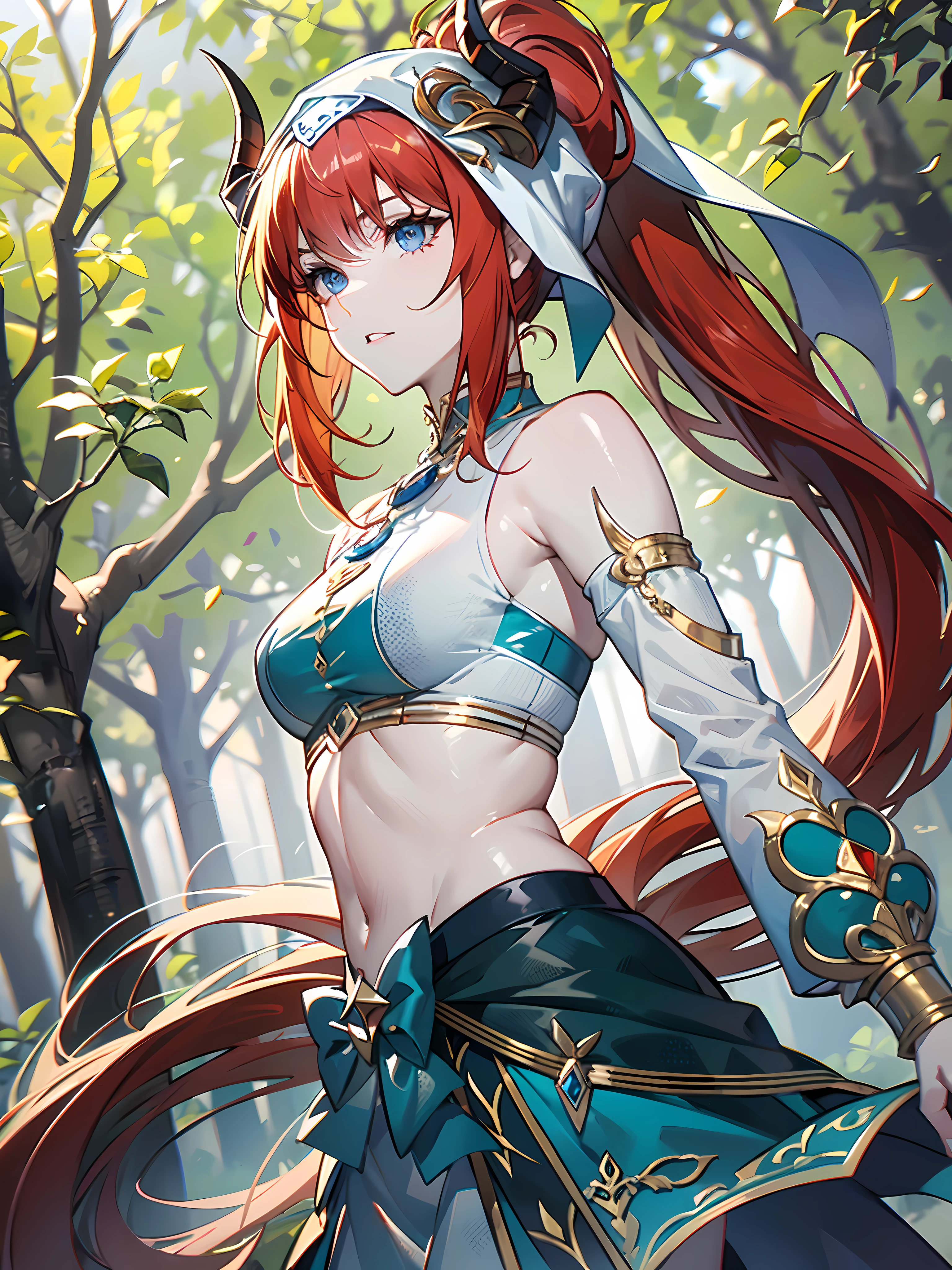 (masterpiece:1.2), (pale skin:1.2), (8k:1.2), (solo:1.2), (female:1.1), (dynamic angle), blue eyes, red hair, bangs, veil, headwear, horns, crop top, skirt, (ponytail:1.1), (outdoors:1.1)