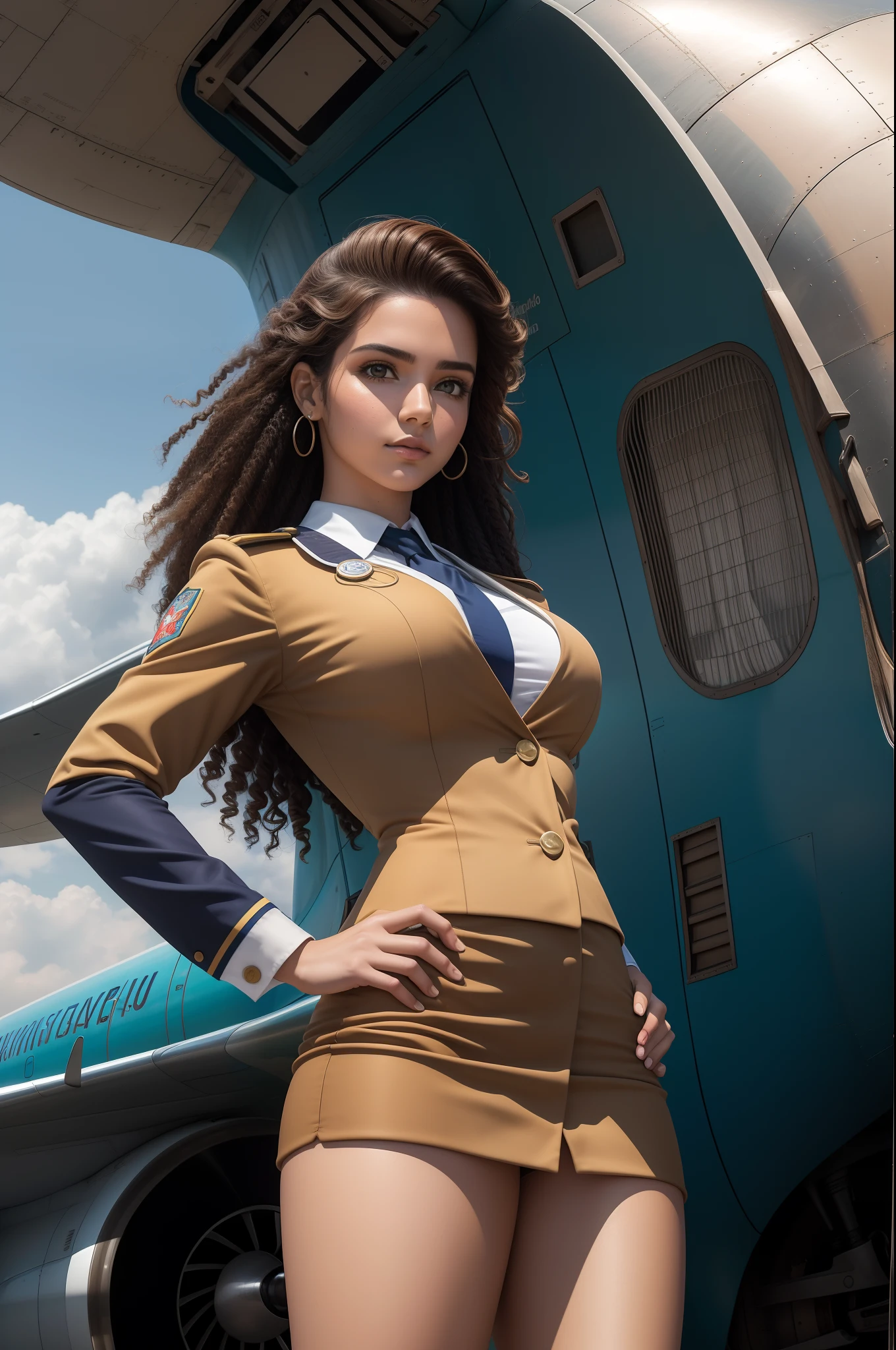 Ultra HDR 16K , obra prima , mulher de jovem , Stewardess , cabelo comprido , in stewardess clothes, tema escuro tons suave cores suaves ,alto contraste ,(textura natural da pele, hiperrealismo,Crisp soft light ) fundo vermelho , airplane background