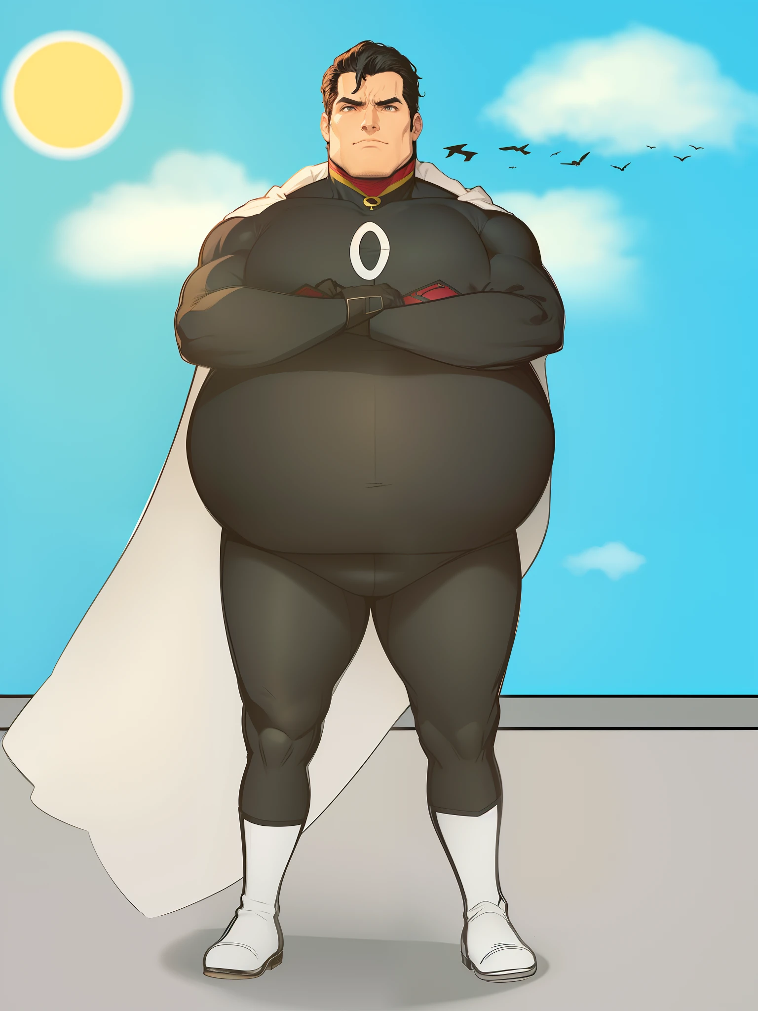 a cartoon of a man on a cape and a cape on his head, Batman Gordo, cel sombreado!!!, fat cat superhero, ! baron harkonnen!, Gabe Newell como um Superman, Peter Griffin Tipo de Corpo, thicc, vestindo roupas pretas e capa, baron harkonnen, cel sombreado, middle aged balding superhero, Ryan Reynolds vestindo um terno gordo