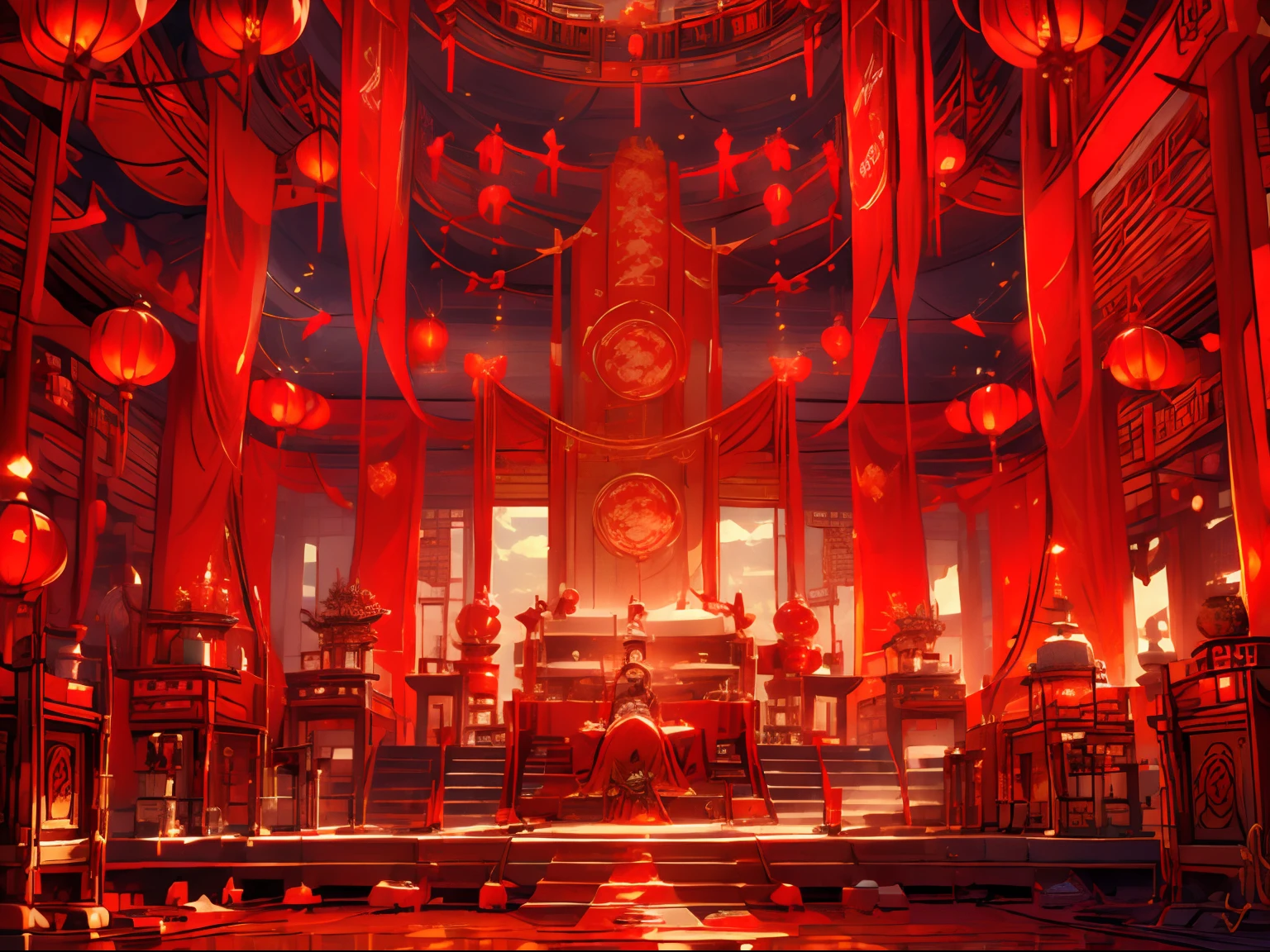 woman, Red wedding dress, desks, Intricate skirt, golden headdress, Prop your hands on the table in front view , full of sunlight , china city , Tumbu lamps ,The character is located in the lower left，large panorama， Quixel Megascans Render , High detail , 8K