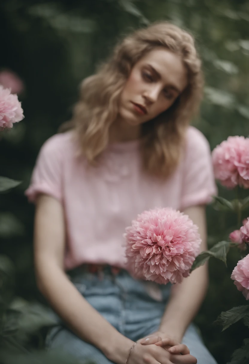 girl on a flower, in the style of androgynous, wollensak 127mm f/4.7 ektar, white and pink, uhd image, punk rock aesthetic, detailed facial features, feminine sensibilities