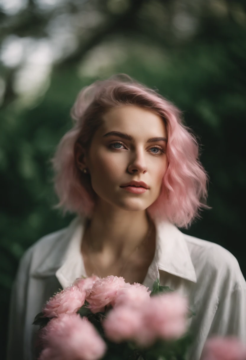 girl on a flower, in the style of androgynous, wollensak 127mm f/4.7 ektar, white and pink, uhd image, punk rock aesthetic, detailed facial features, feminine sensibilities