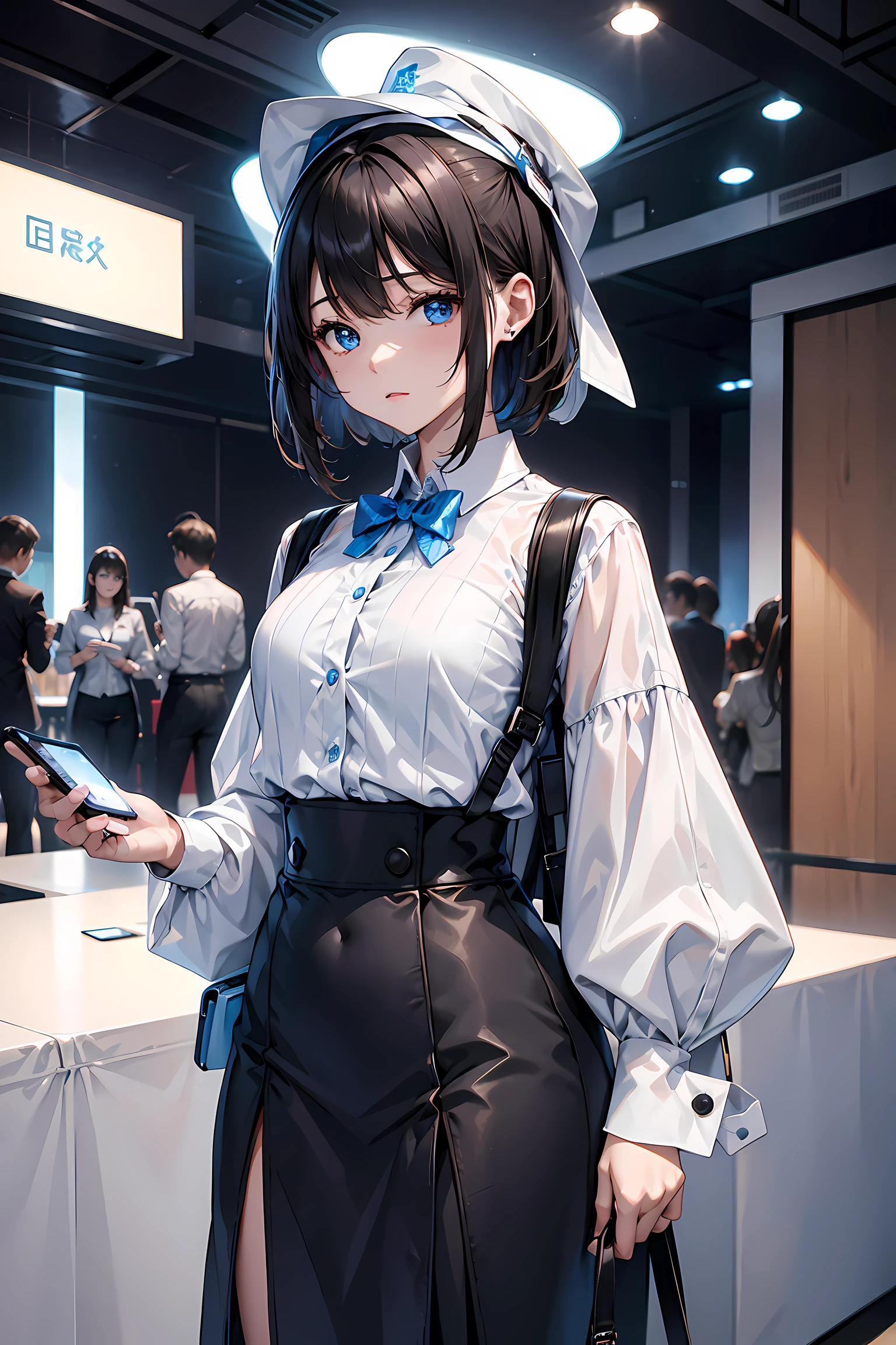Smartphone design、Next-generation smartphones、Transparent body、Holographic dial、Carry it on your arm、Female android with smartphone on arm、Smartphone exhibitions、Event Venues、Android Companion、Projecting holograms from a smartphone mounted on an arm、Introducing smartphones、simple white backgorund, stylish table, Smartphone on display on the table、Female android wearing formal suit made up of white and blue,