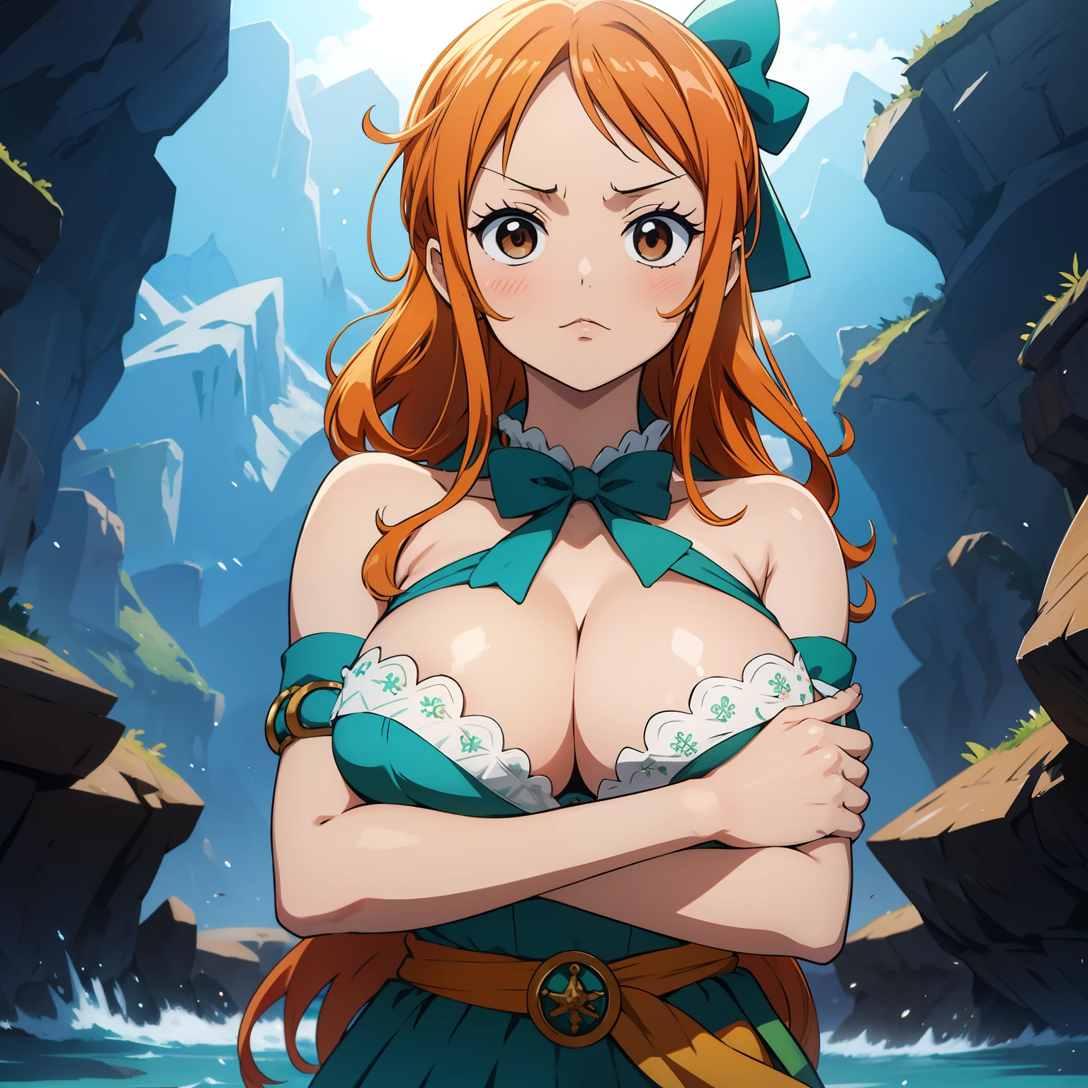 masterpiece, nami one piece, best quality, ultra-detailed, epic lighting, cinematic composition, anime coloring, 2d, anime, 1girl, solo, big breasts, hair orange, hair rings, brown eyes,wearing bra, green bow, bare shoulders, blue skirt, looking at viewer, :o, blush, crossed arms, from below, tavern (8k:1.1),nsfw, showing breast