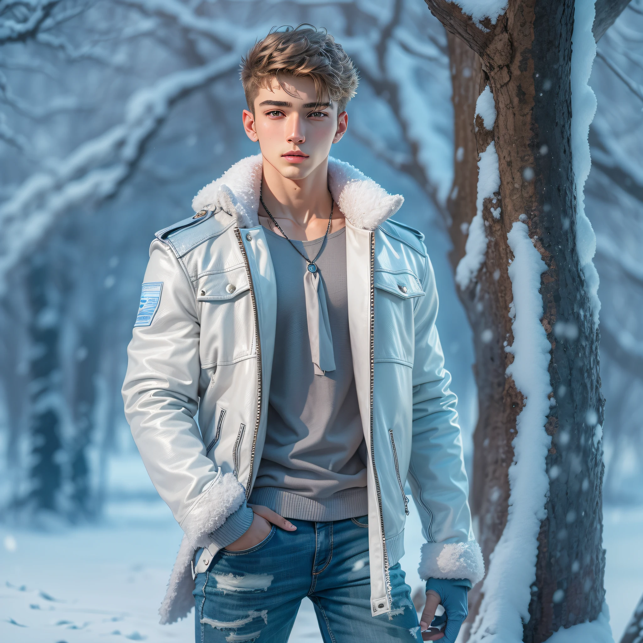 a handsome 18 years old boy with blue eyes 6 feet and wearing white and blue leather jacket and grey pant and wearing necklace in snowy place whole body in realistic face