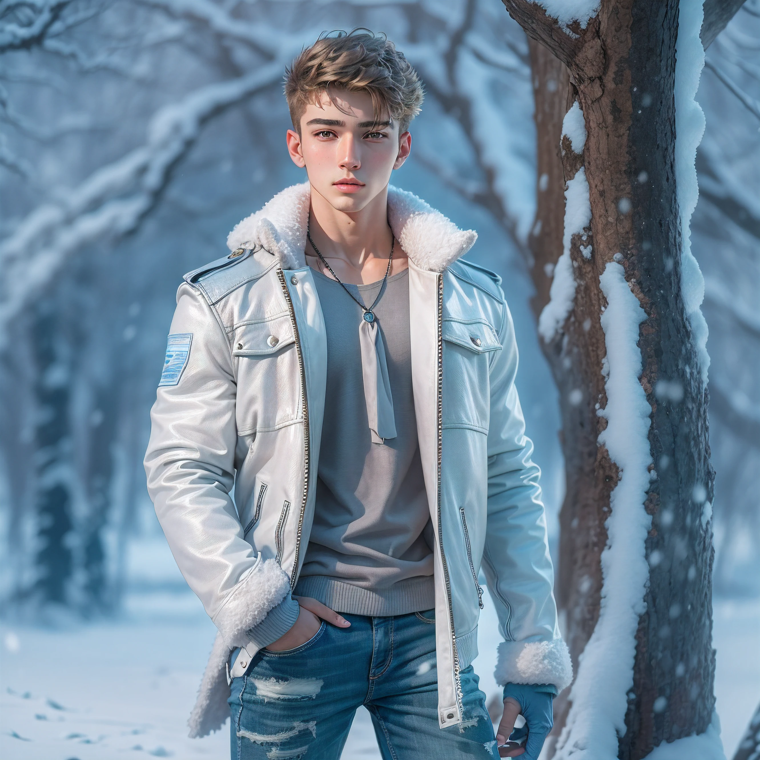 a handsome 18 years old boy with blue eyes 6 feet and wearing white and blue leather jacket and grey pant and wearing necklace in snowy place whole body in realistic face