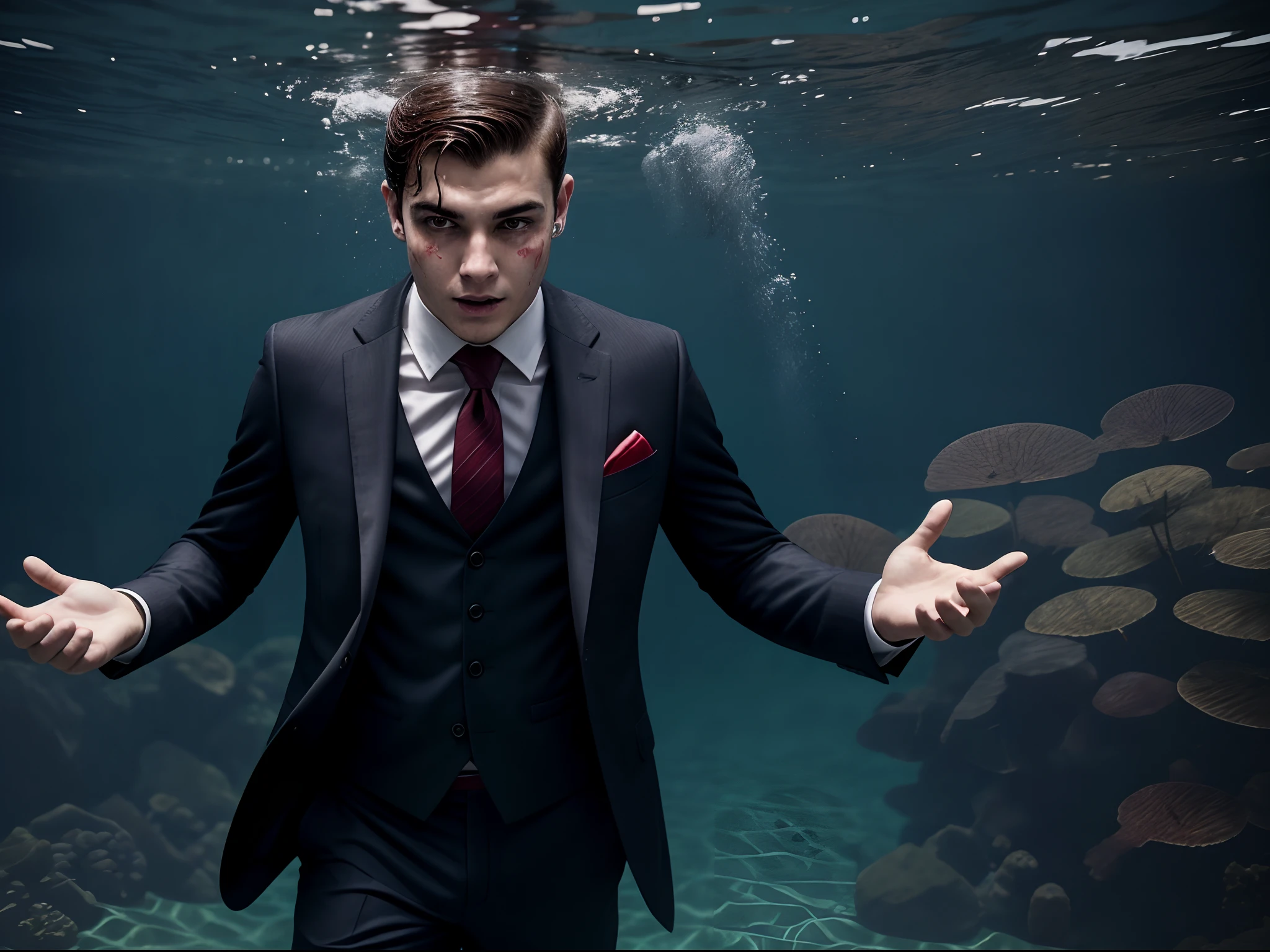 Handsome young adult boy in suit drowning under water (hit on head, blood flowing) a lot of bloody