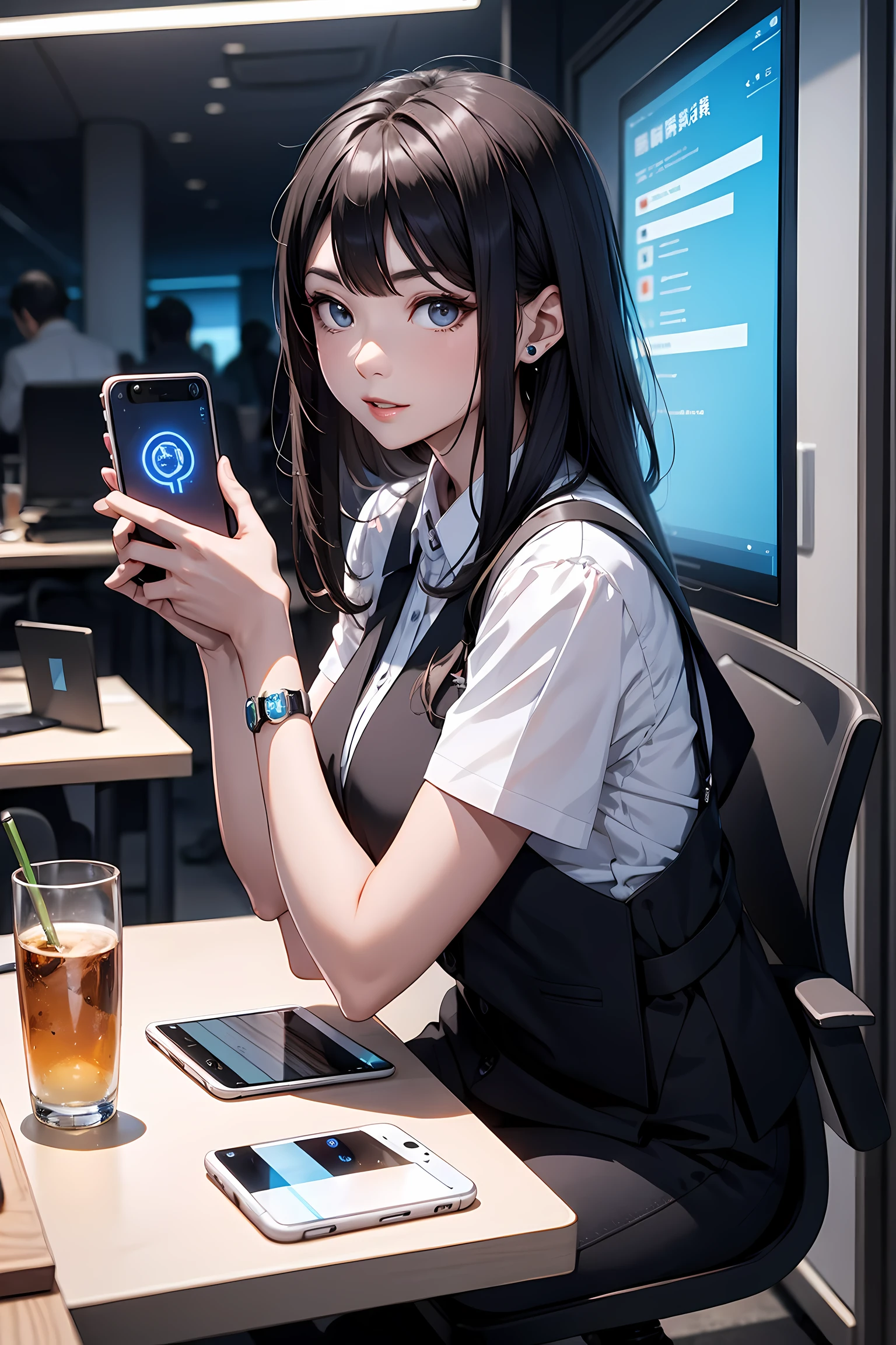 The office district of the near future、Office worker using a smartphone mounted on his arm。Beauty OL,Holograms displayed from a smartphone on your arm、