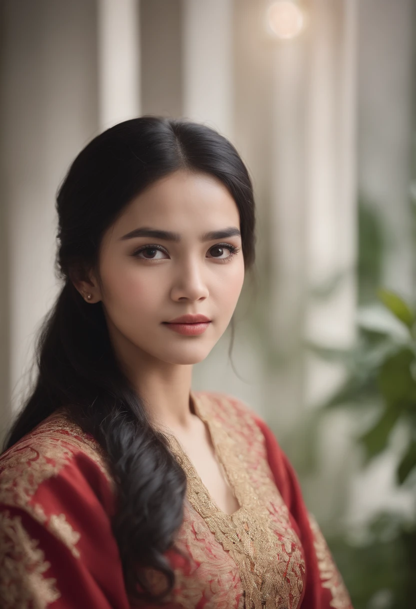 realistic potrait girl, wearing indonesia traditional dress, black hair