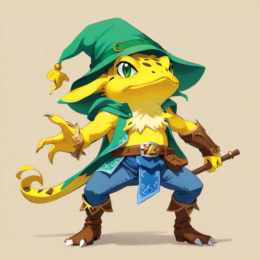 Predator, yellow frog-like skin, green eyes, a teal witch hat, blue jeans with a belt and brown boots, masterpiece, best quality