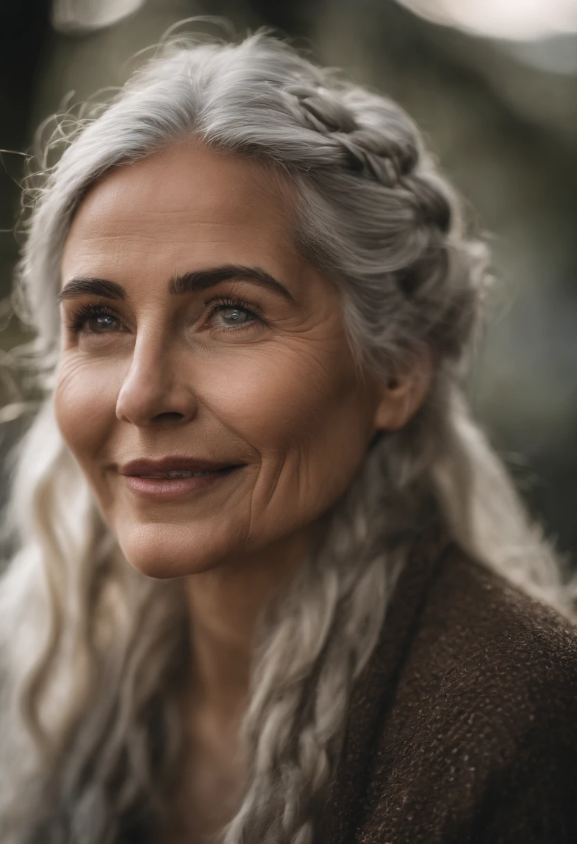 Top quality, High image quality, Masterpiece, Gray hair, Golden eyes, White clothes, Looking up, Upper body, Hairline, Fair skin, Side braids, Smiling, double teeth