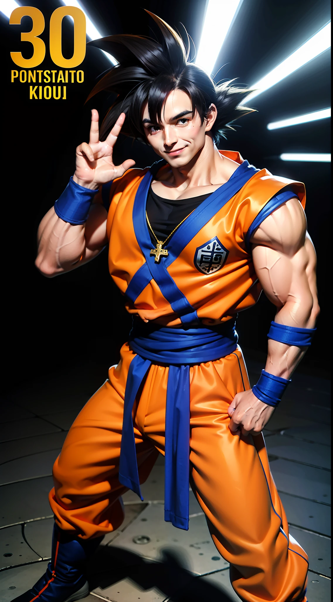 Goku muito poderoso, sorrindo, carismatic, forte, 30 anos de idade, forte, musculoso, na academia, levantando peso, 1 tonelada,