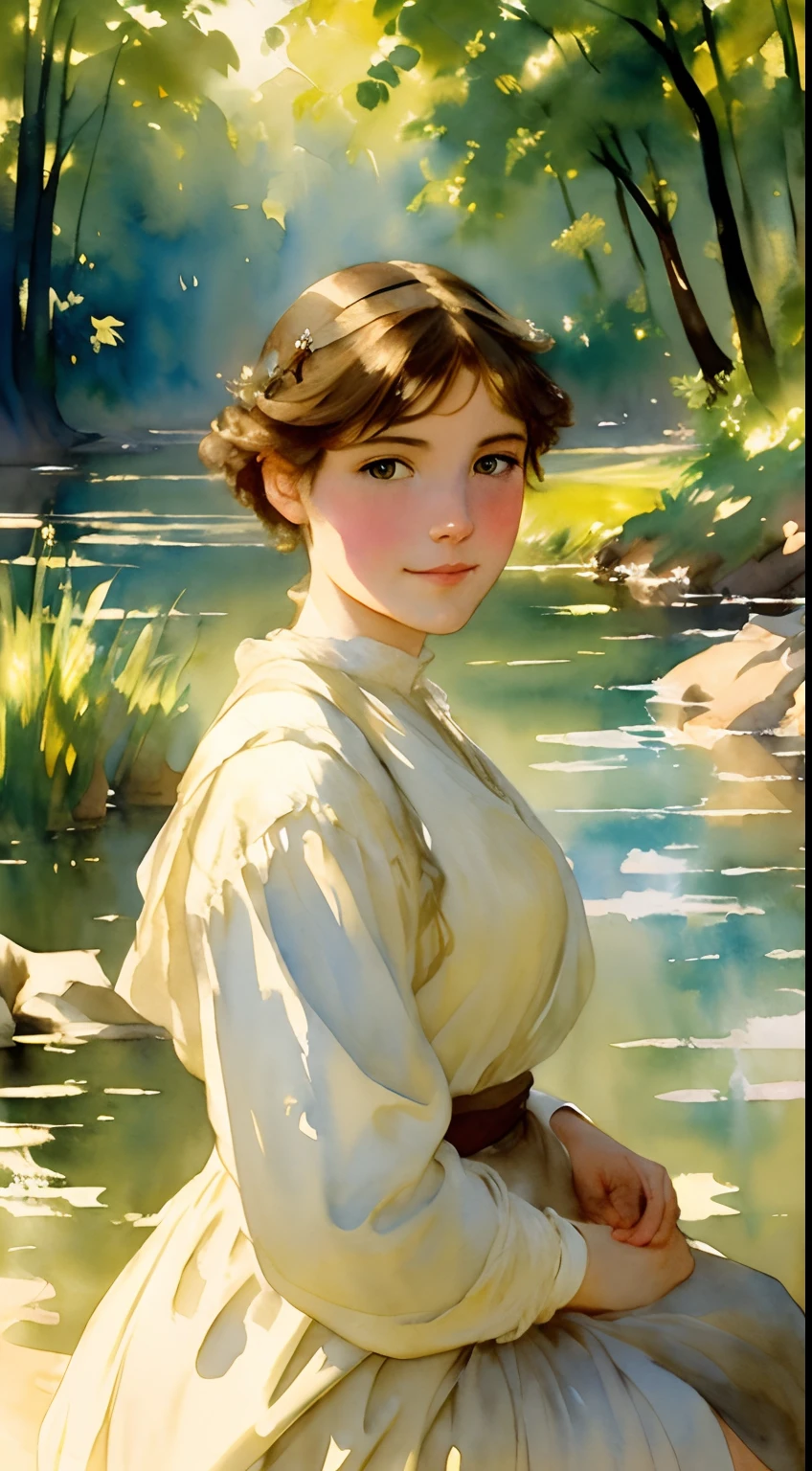 ((Watercolor by Sargent))、(top-quality、​masterpiece)、softlight、(Painting), (Young peasant woman), On the banks of the creek, Pretty eyes, Emotional smile, ((tmasterpiece)), ((стиль Daniel F. Gerhartz)), ((Realistic)),Colorful, Ultra-detailed,