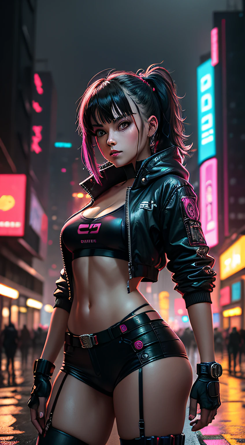 Girl posing in cyberpunk city on rainy day