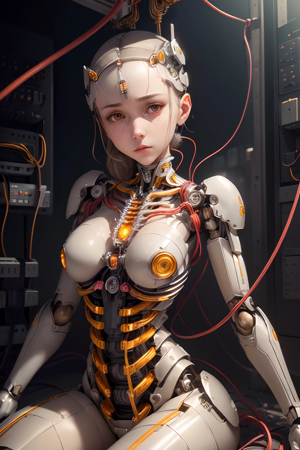 (((masterpiece))), ((((best quality)))), (((ultra-detailed))), (highly detailed CG illustration), ((ultra HD 4k quality)) ((an extremely delicate and beautiful)),(cute delicate face),cinematic light,((1mechanical girl)),solo,full body,(machine made joints:1.4),((machanical limbs)),(blood vessels connected to tubes),((mechanical vertebra attaching to back)),((mechanical cervial attaching to neck)),((sitting)),expressionless,(wires and cables attaching to head and body:1.5),(character focus),science fiction