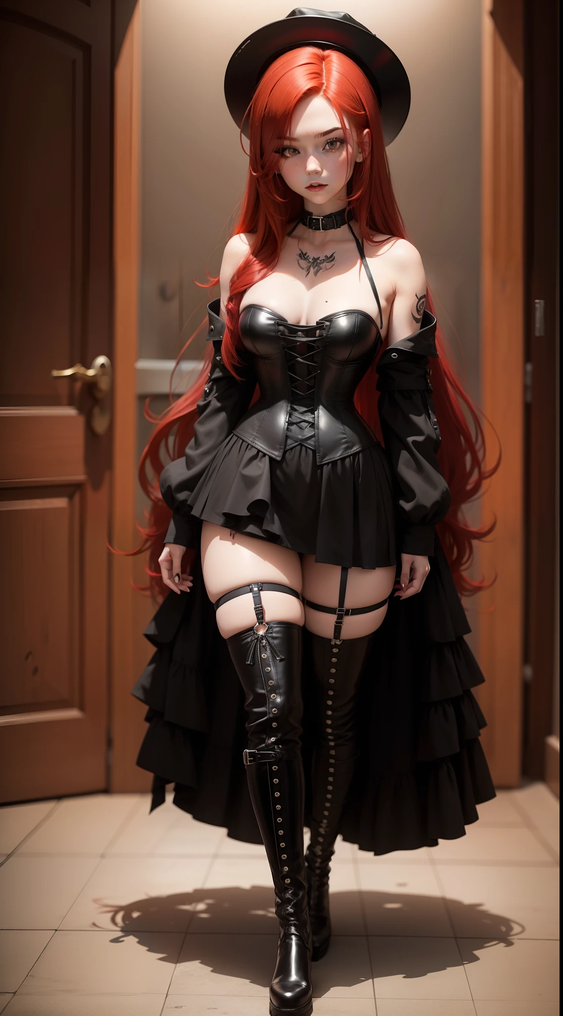 A redhead emo girl with long flowing hair, in a tight black corset with red highlights and high black boots, full body