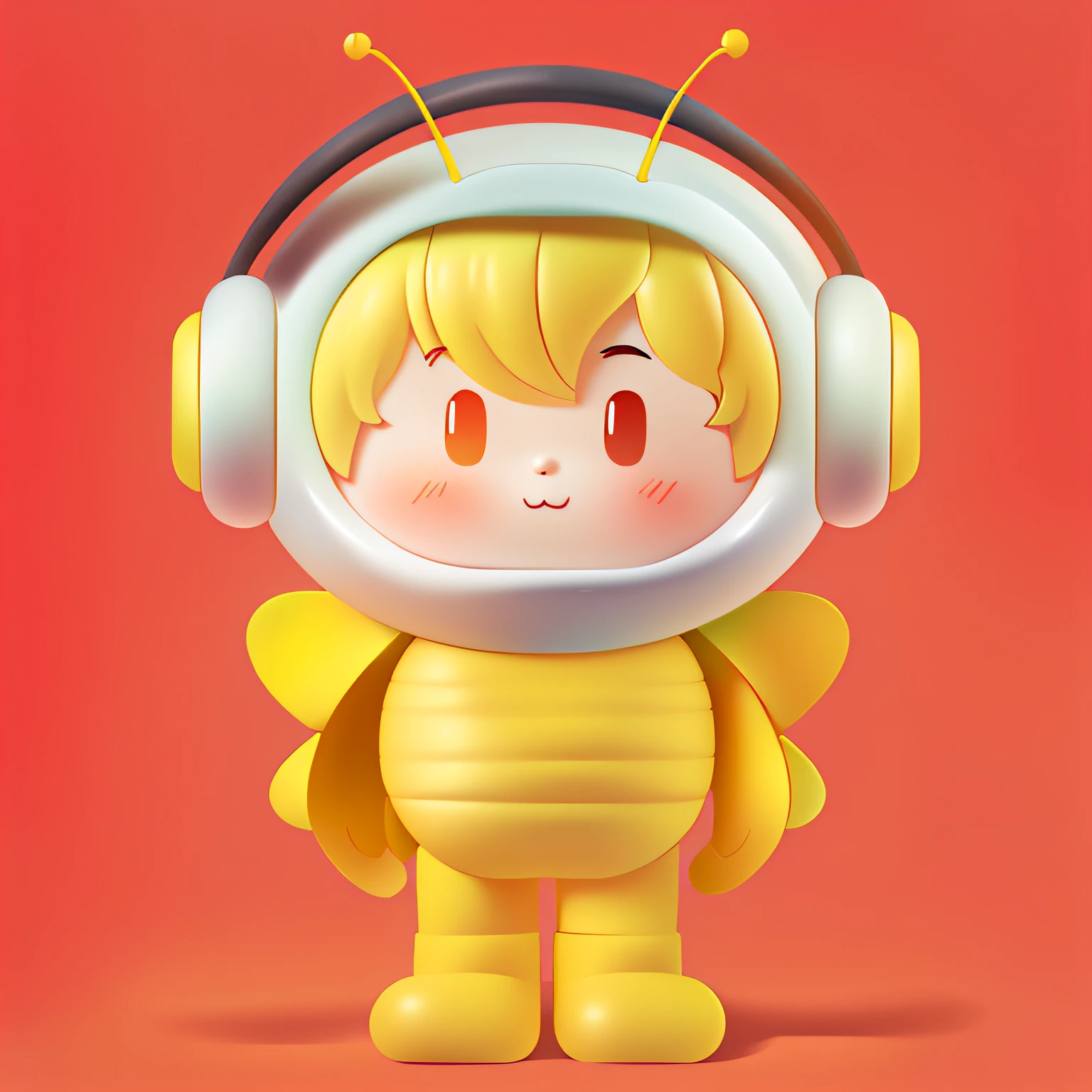 2.5D，k hd，Rich in detail，8K，largeeyes，Full body character drawing,Cute cartoon style,Character drawing,candypunk character design, boy,Boy in bee doll costume wearing headphones,Black and yellow clothes，white backgrounid，lovely art style