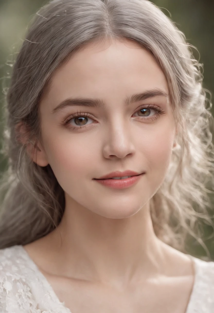 Top quality, High image quality, Masterpiece, Gray hair, Golden eyes, White clothes, Looking up, Upper body, Hairline, Fair skin, Side braids, Smiling, double teeth,s girl