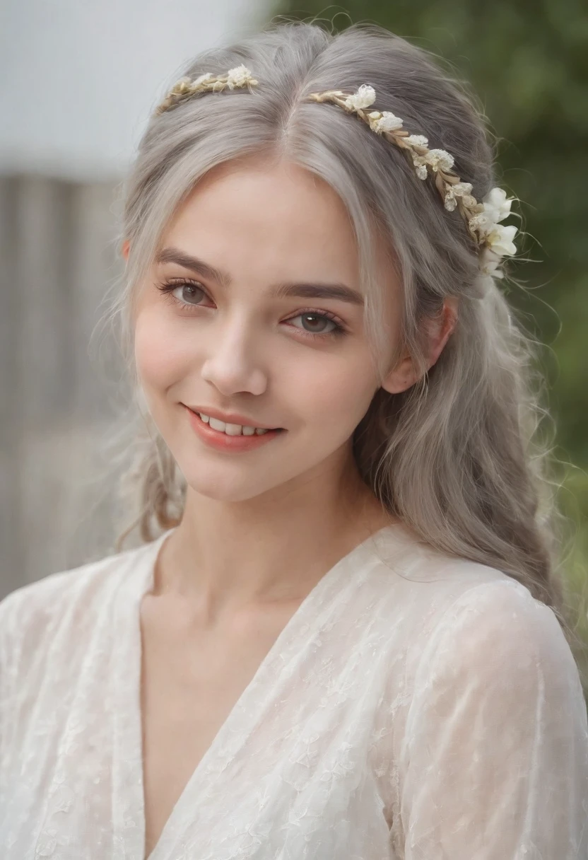 Top quality, High image quality, Masterpiece, Gray hair, Golden eyes, White clothes, Looking up, Upper body, Hairline, Fair skin, Side braids, Smiling, double teeth,s girl