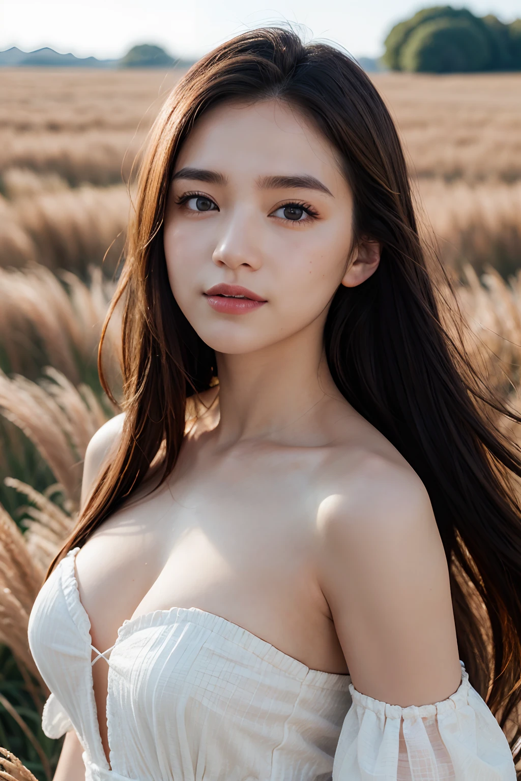 a closeup, ​masterpiece, top-quality, Raw foto, Photorealsitic、unbelievable Ridiculous, beautiful a girl, off shoulder one piece dress、Long hair、large brests、A slight smil、Hair fluttering in the wind、look up sky、The sun is dazzling, So I raise my hand and squint、grass field、depth of fields, hight resolution, ultra-detailliert, finely detail, ighly detailed, extremely detailed eye and face, Sharp pupils, foco nítido, Cinematic lighting