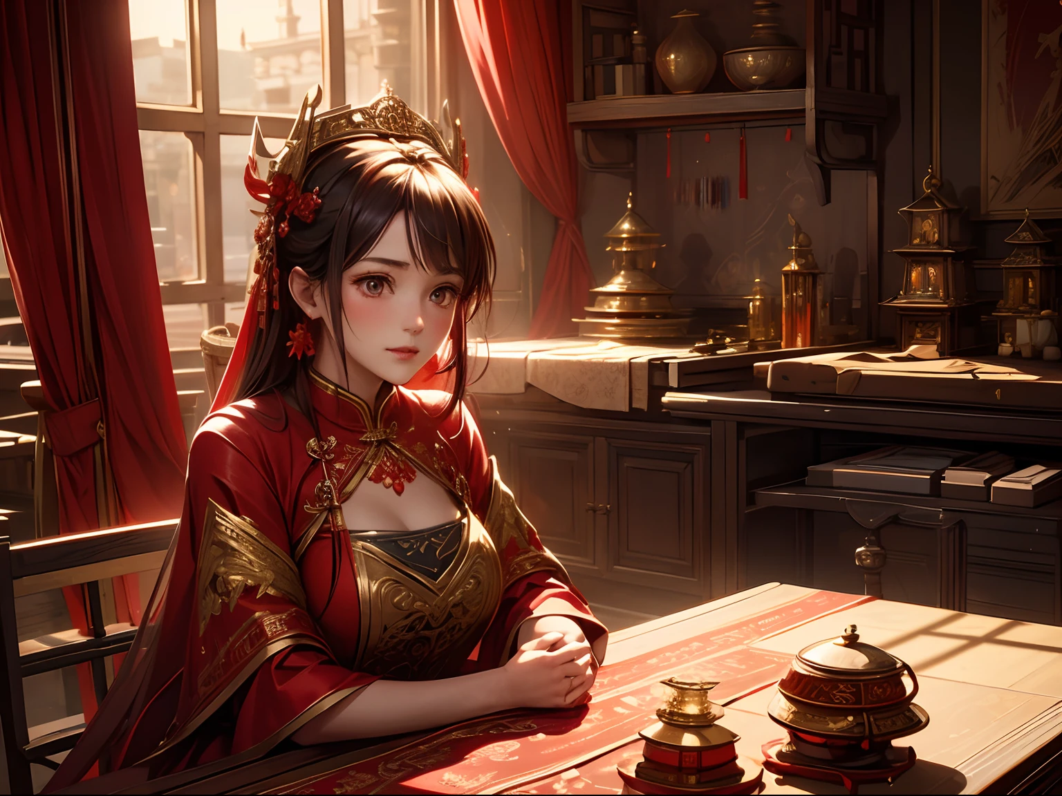 woman, Red wedding dress, desks, Intricate skirt, golden headdress, Prop your hands on the table in front view , full of sunlight , china city , Tumbu lamps ,The character is located in the lower left，large panorama， Quixel Megascans Render , High detail , 8K