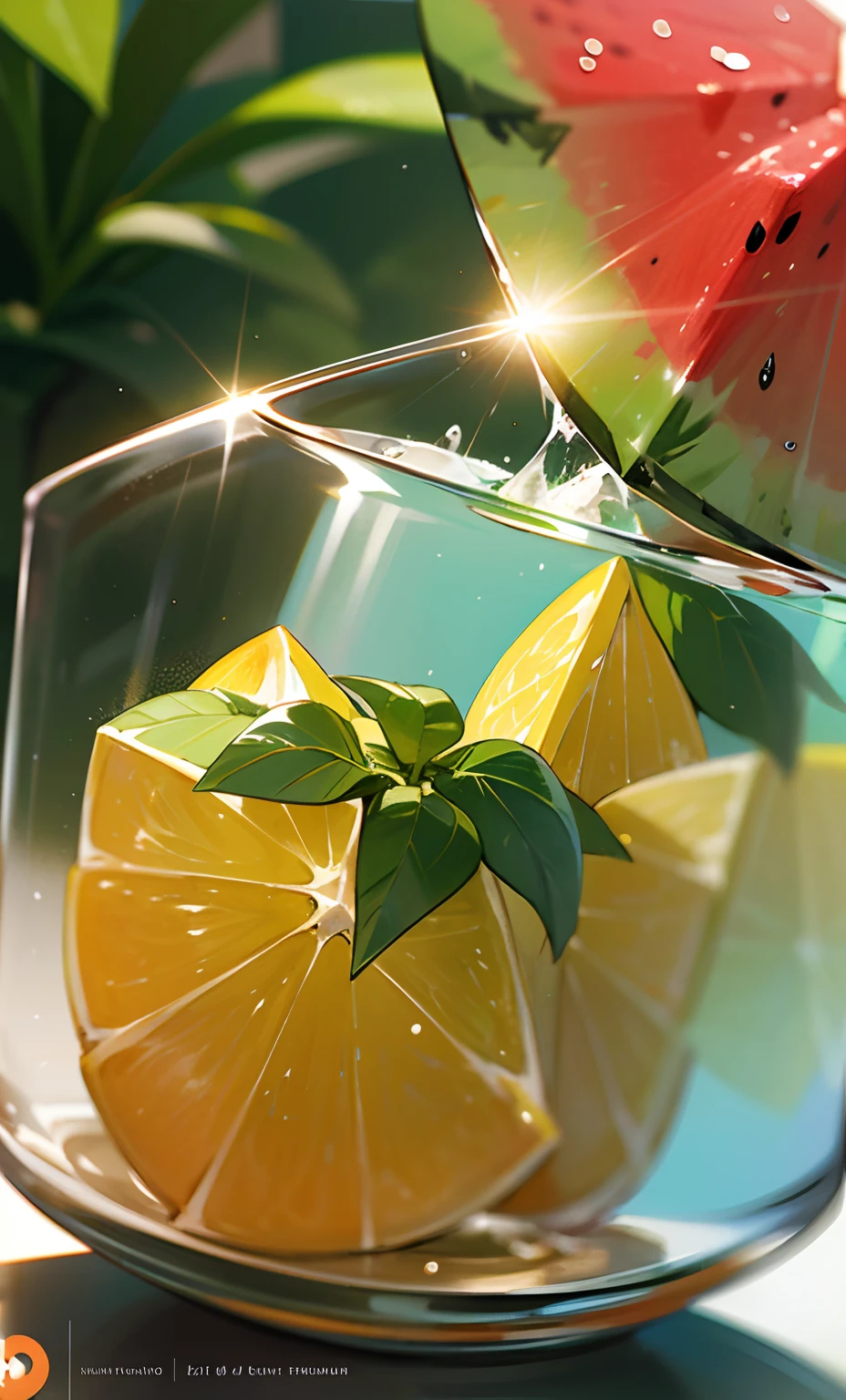 Wallpapers, poster, Drinks, Ice Cubes, Watermelon, Tropical Plants, Hot Weather, HD Detail, Moist Watermark, Ultra Detail, Movie, Hyper Realism, Soft Light, Deep Focus Bokeh, Ray Tracing, Diffuse (Ultrafine Glass Reflection) and surrealism --niji 5