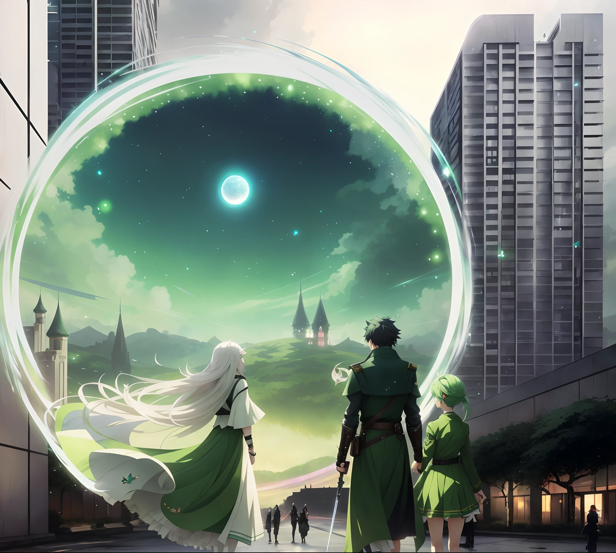 A magician,Face away from the picture,long white hair,Green eyes,White with green tones,Hold a magic wand,Depict an aperture,At her feet is a city of reinforced concrete,Inside the aperture is a fairytale green meadow,Among them is a tree full of white flowers,To his right was a young man,Face away from the picture,dark brown hair,Green clothes,A sword pinned to his waist,On the right is a young woman,Face away from the picture,Light green hair,green uniform,Green butterfly hairpin, in front of a fantasy city, 2. 5 D CGI anime fantasy artwork, Anime fantasy illustration, key art, Anime fantasy artwork, Makoto Shinkai e Tom Bagshaw, anime key visual concept, Epic light novel art cover, concept art magical highlight, beautiful fantasy anime, Stylized urban fantasy artwork