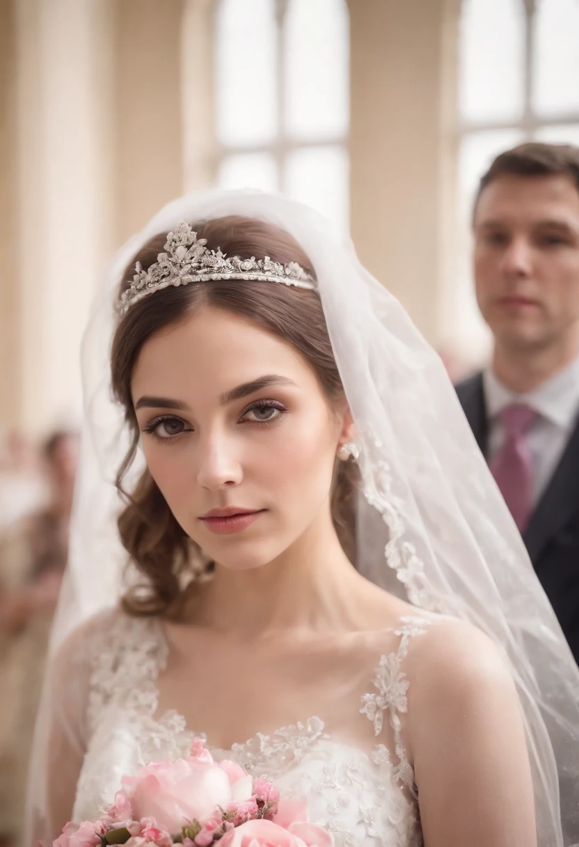 upper body photograph of 1 girl dressed as a bride with large transparent veil and pink color dressA breathtaking artistic photograph of a civil wedding ceremony at the courthouse, ultra reality high quality, wide shot, bride,