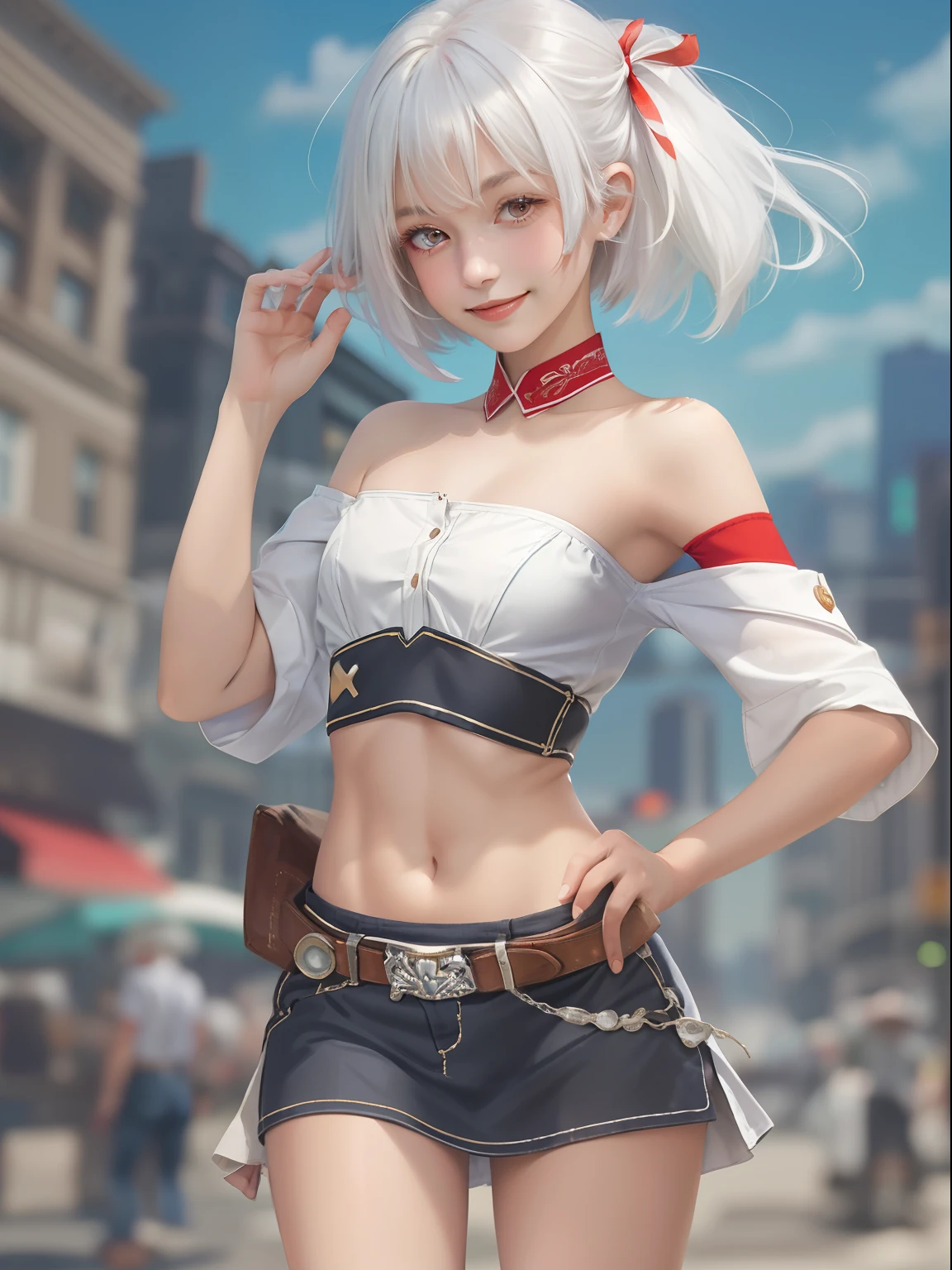 masterpiece, best quality,1girl, solo, bangs, left hair ribbon, (small breasts:1.4), red eyes, short hair, smile, solo, white hair, (Strapless:1.1), (off-the-shoulder:1.1), (cowboy shot:1.2), city, (uniform:1.2), (partially_unbuttoned:1.1), (Externally expanded Chest:1.2), skirt, (bent over:1.2),