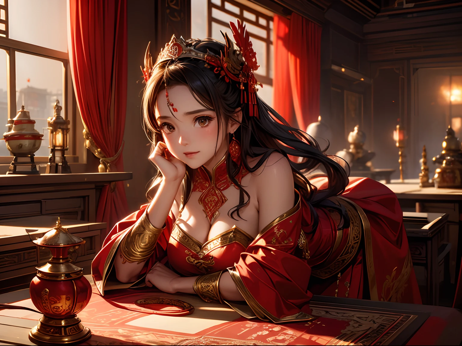 woman, Red wedding dress, desks, Intricate skirt, golden headdress, Prop your hands on the table in front view , full of sunlight , china city , Tumbu lamps ,The character is located in the lower left,large panorama, Quixel Megascans Render , High detail , 8K