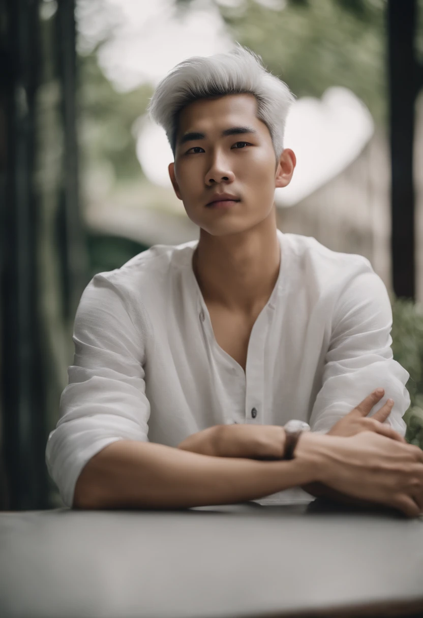 Portrait of a young asian male , 20 years old, white hair