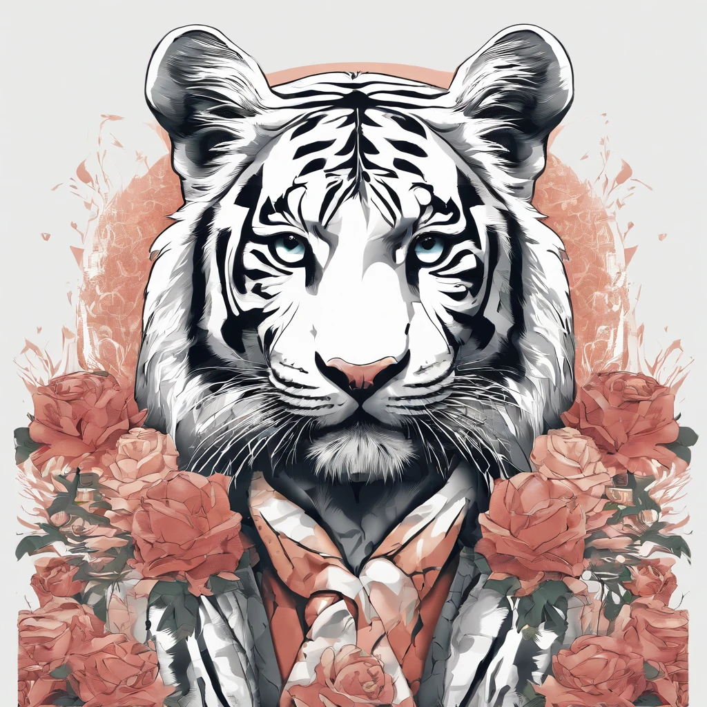 Perfect alignment, Cute little tiger in jacket，crystal vases，Rose flower, Wearing sunglasses, cheerfulness, Standing position, Abstract beauty, Centered, Looking at the camera, Facing the camera, nearing perfection, Dynamic, Highly detailed, smooth, Sharp focus, 8K, high definition resolution, illustration, Art by Carne Griffiths and Wadim Kashin, White background