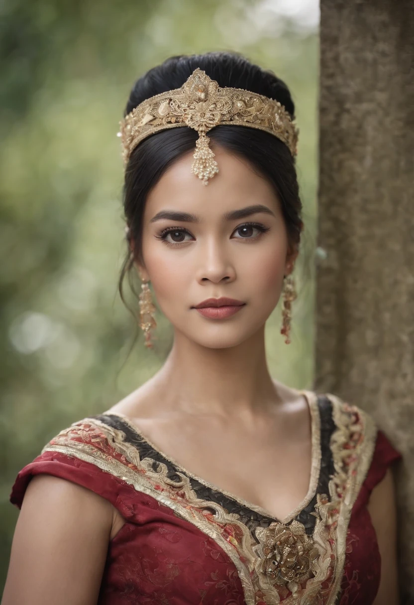 realistic potrait princess, wearing dayak royal dress, black hair, flower bakcground