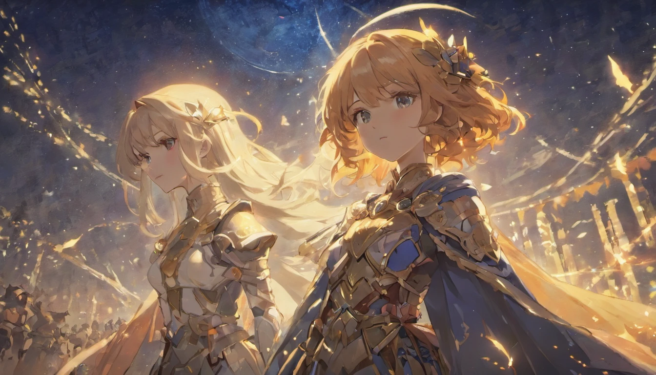 Sir Alistair, Elara, and Elysia stand in a moonlit clearing, facing each other. Sir Alistair is in his shining armor, Elara is poised with a glint of mischief in her eyes, and Elysia exudes a wise and serene presence. The moonlight highlights their features, creating a sense of destiny.
