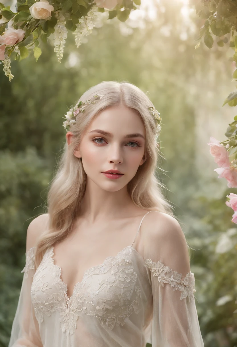 (best quality,4k,8k,highres,masterpiece:1.2),ultra-detailed,(realistic,photorealistic,photo-realistic:1.37),long and elegant elf-like ears,fair and porcelain-like skin,gently flowing platinum blonde hair,piercing and enchanting green eyes,feminine and delicate facial features,gently rosy cheeks,slender and graceful figure,wearing an ethereal flowing gown made of silk and lace,Mediterranean garden with blooming flowers,soft and warm sunlight illuminating the scene,vibrant and lush greenery surrounding the garden,refreshing fragrance of the flowers filling the air,crystal-clear pond reflecting the beauty of the garden,peaceful and serene atmosphere,subtle and harmonious color palette with pastel tones,soft and dreamlike lighting creating a magical ambiance.