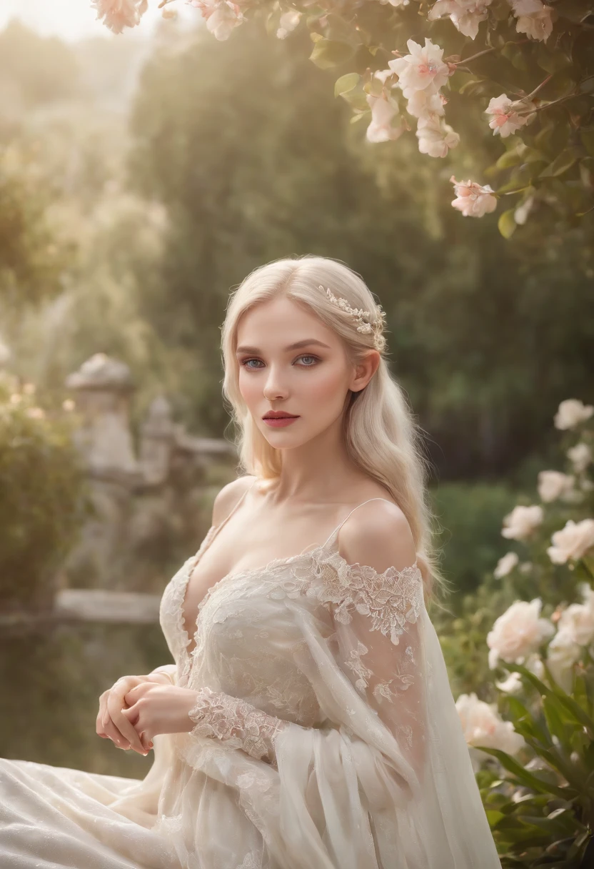 (best quality,4k,8k,highres,masterpiece:1.2),ultra-detailed,(realistic,photorealistic,photo-realistic:1.37),long and elegant elf-like ears,fair and porcelain-like skin,gently flowing platinum blonde hair,piercing and enchanting green eyes,feminine and delicate facial features,gently rosy cheeks,slender and graceful figure,wearing an ethereal flowing gown made of silk and lace,Mediterranean garden with blooming flowers,soft and warm sunlight illuminating the scene,vibrant and lush greenery surrounding the garden,refreshing fragrance of the flowers filling the air,crystal-clear pond reflecting the beauty of the garden,peaceful and serene atmosphere,subtle and harmonious color palette with pastel tones,soft and dreamlike lighting creating a magical ambiance.