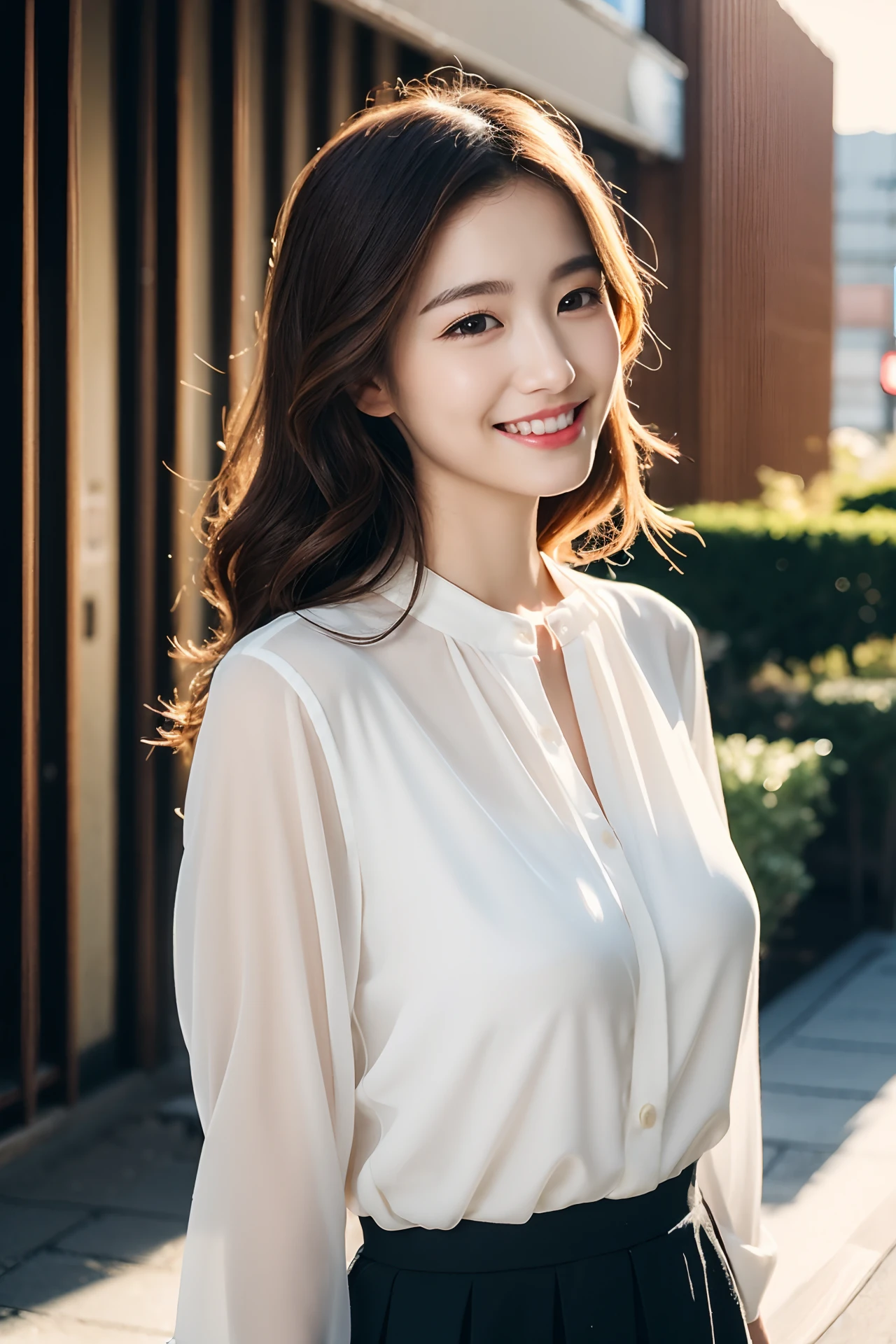 (skin blemish:1.2), (skindentation), black eye, 1woman, 25yo, (((woman))), solo, realistic, best quality, photorealistic, masterpiece, 8k, high res, solo, extremely detailed face, (professional lighting, bokeh), (light particles, lens flare, glowing particles:0.6), (dynamic pose:1.2), soft lighting, top angle view, fashionable and trendy atmosphere, japan, street, tokyo, city, ((daytime)), sky, ((looking at the viewer:1)), (looking at the camera),(portrait:0.6), cowboy shot, gorgeous, standing, keep original facial proportion, wide shoulder, full body, (small breast), (medium hair), brown hair, floating hair, lips, lipstick, seductive smile, floating hair, smile, open_mouth, teeth, (sleeves less white blouse), (jumper skirt), eyelashes, mole, (mole under eye:1),