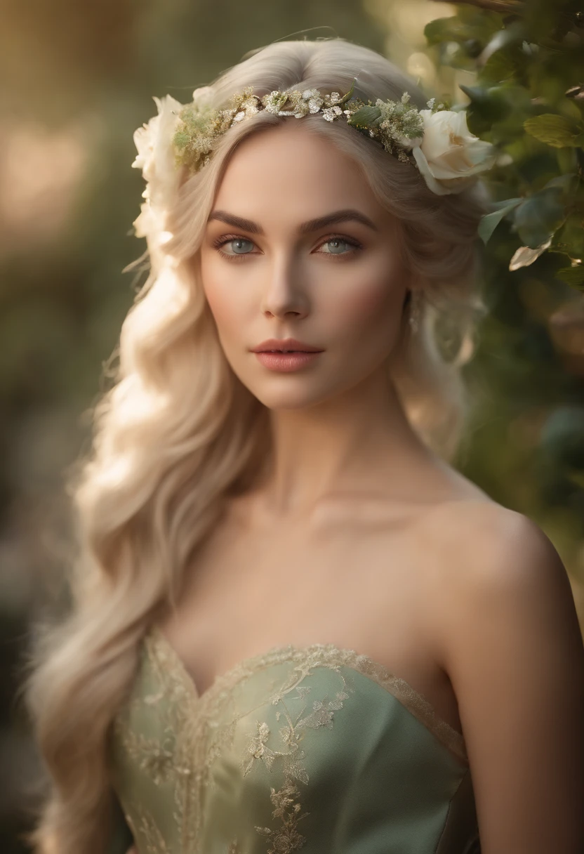 (best quality,4k,8k,highres,masterpiece:1.2),ultra-detailed,(realistic,photorealistic,photo-realistic:1.37),long and elegant elf-like ears,fair and porcelain-like skin,gently flowing platinum blonde hair,piercing and enchanting green eyes,feminine and delicate facial features,gently rosy cheeks,slender and graceful figure,wearing an ethereal flowing gown made of silk and lace,Mediterranean garden with blooming flowers,soft and warm sunlight illuminating the scene,vibrant and lush greenery surrounding the garden,refreshing fragrance of the flowers filling the air,crystal-clear pond reflecting the beauty of the garden,peaceful and serene atmosphere,subtle and harmonious color palette with pastel tones,soft and dreamlike lighting creating a magical ambiance.