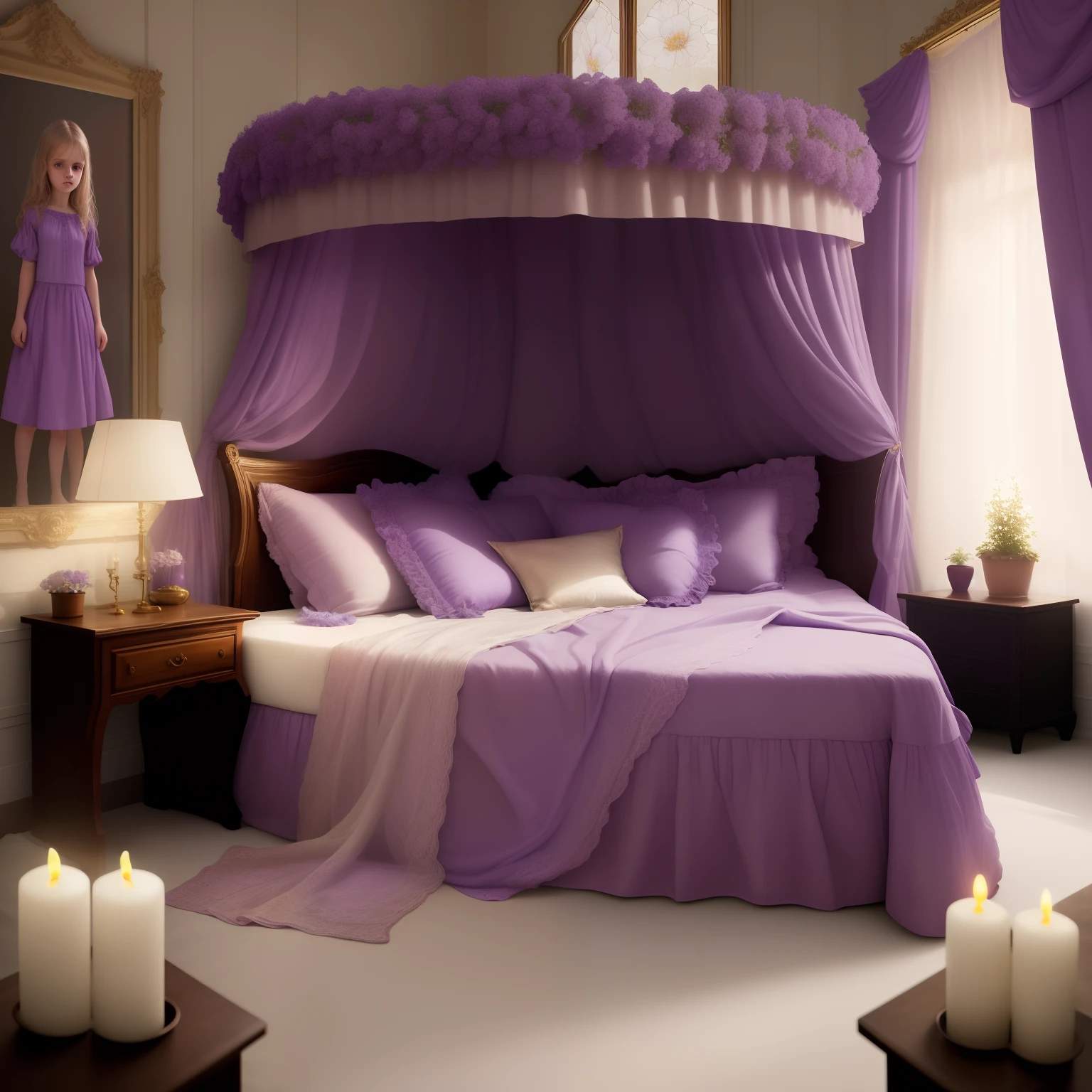 A huge room,a bed with degine,interior decoration, candles ,flower pot a girl in purple clothes,hyperrealistic photo,a girl,8k photo, white bed sheet
