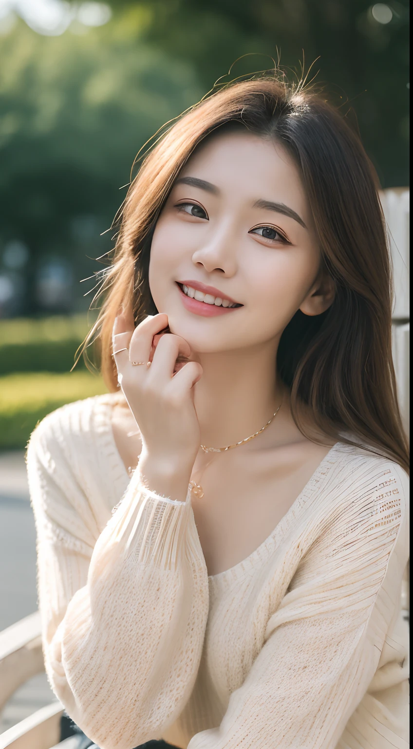 ((top quality, 8k, masterpiece: 1.3)), focus: 1.2, perfect body beauty: 1.4, buttocks: 1.2, (((delicate hair)), (sweater dress: 1.1), (sports car, street: 1.2), highly detailed face and skin texture, narrow eyes, double eyelids, whitened skin, smile, necklace, ring, person sitting on a park bench.