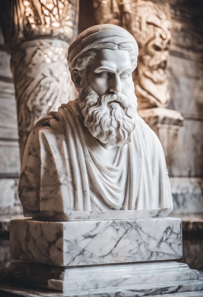 Bust of the wise man in white marble statue,In the style of a bearded Greek philosopher in a museum. dark ambiance, High contrast between light and shadow, professional photoshooting, Utrelia Lista, Light volume, cinematic ligh