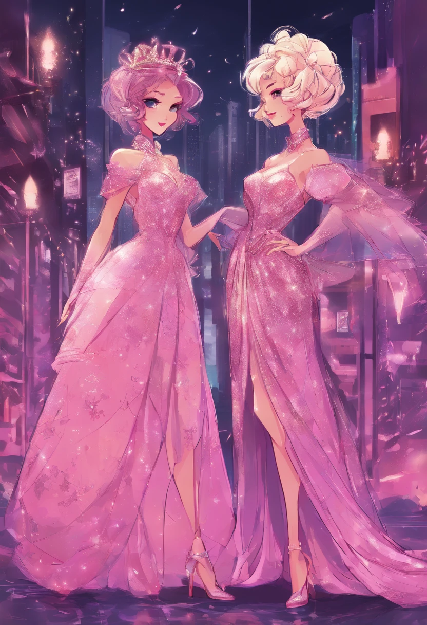 two girls in dresses are standing next to each other, high fashion themed, stunning art style, inspired by Bob Singer, glitter dress, hollywood style, award fashion, diamond shimmering dress, fashion designer, cartoon style, glamor pose, my dress up darling anime, royal style, flashy flash elegant, in long pink or violet dresses, wearing a sparkling dress